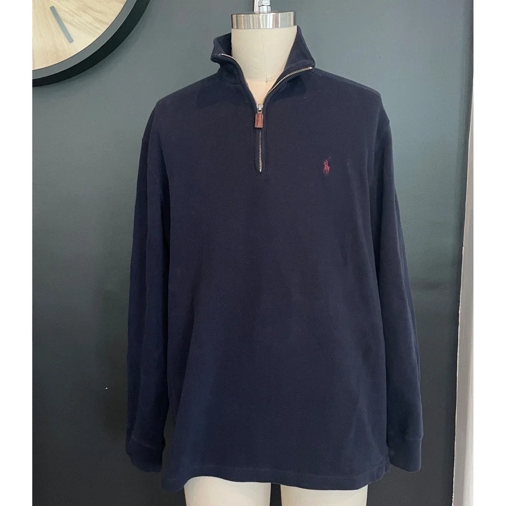 Polo Ralph Lauren Navy Blue Cotton Men's Pullover Sweater with half Zip, X Large